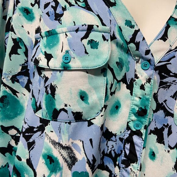 Covington Top Blouse V Neck 2 Pocket Gathered Sleeves Teal - Picture 4 of 8